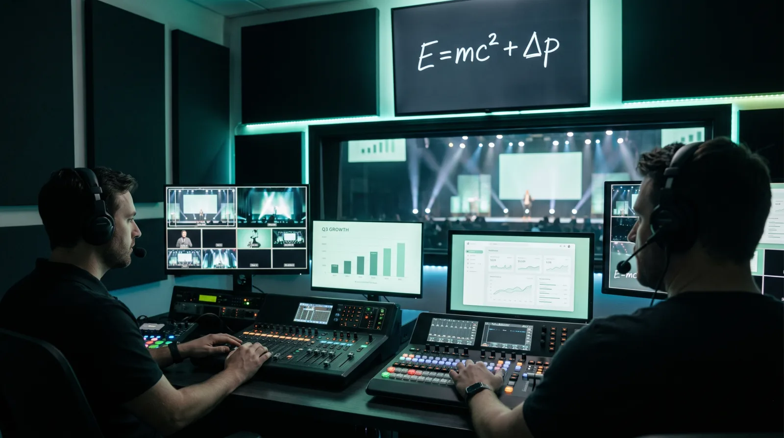 Show caller at a production desk cueing presenters without hardware cue lights