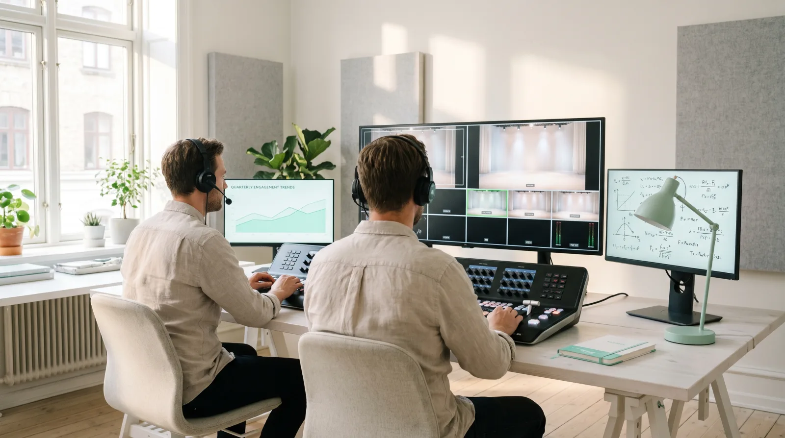 Show caller at a production desk cueing presenters without hardware cue lights