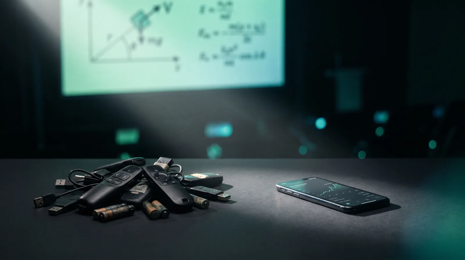 A pile of ageing hardware presentation clickers and USB dongle receivers beside a single smartphone running Cliqer as a remote