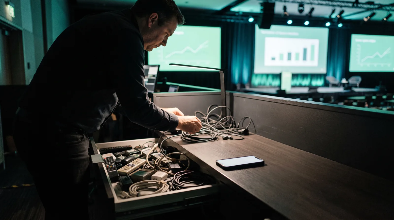 An AV professional at a workbench comparing a drawer of legacy presentation clickers and dongles with a phone-based remote