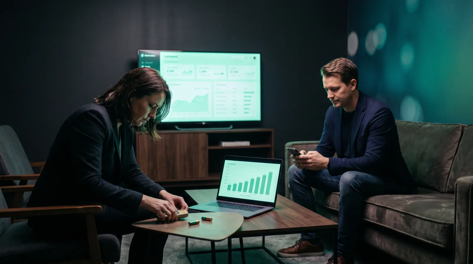 Two conference speakers in a green room, one fumbling with an old hardware presentation clicker while the other waits calmly with just a phone