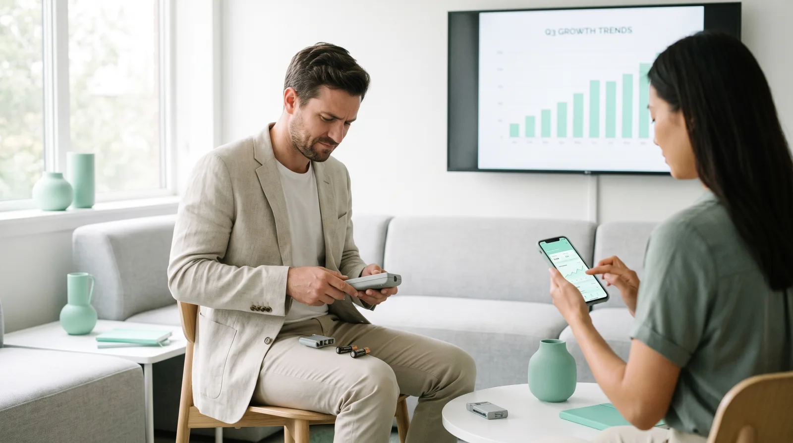 Two conference speakers in a green room, one fumbling with an old hardware presentation clicker while the other waits calmly with just a phone