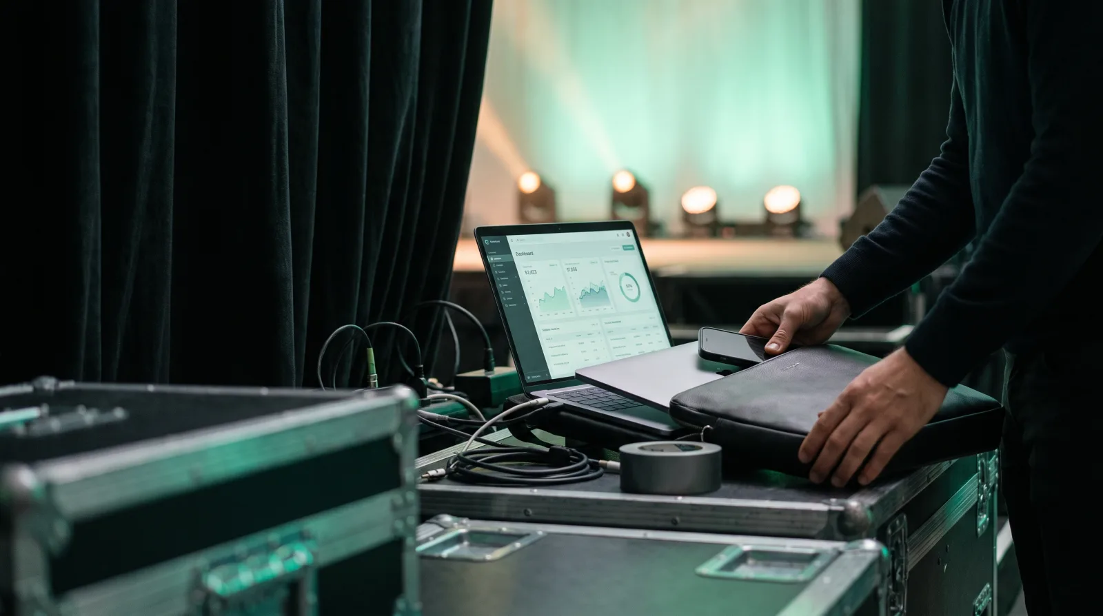 Presenter backstage with only a laptop and a phone, the whole Cliqer cue kit in one bag