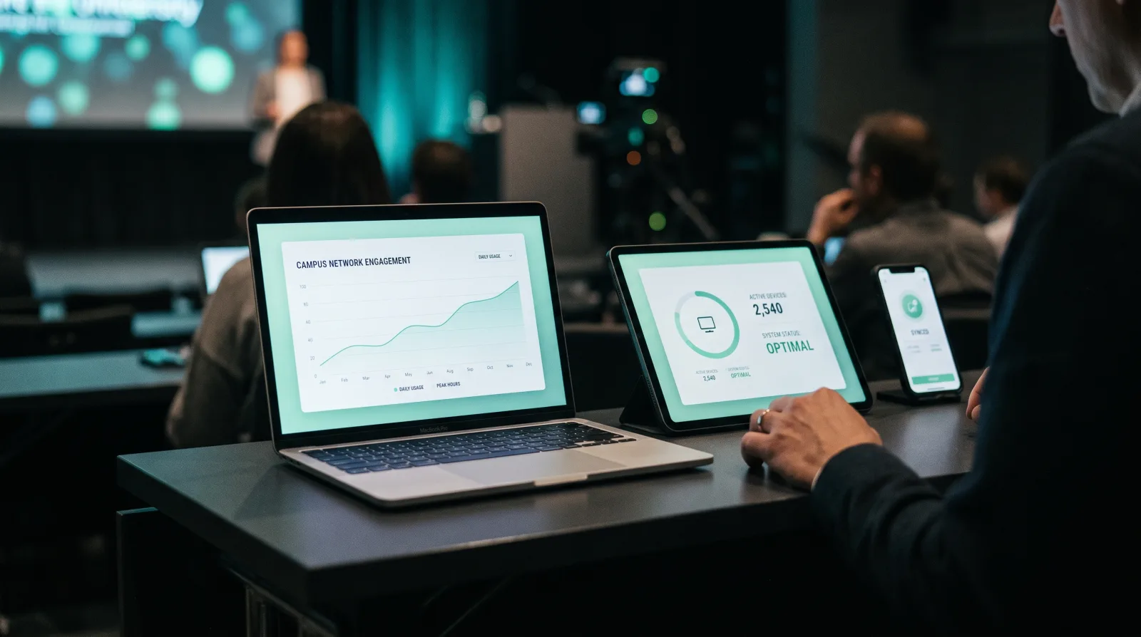 Laptop, tablet and phone side by side, each running Cliqer as a software presentation clicker