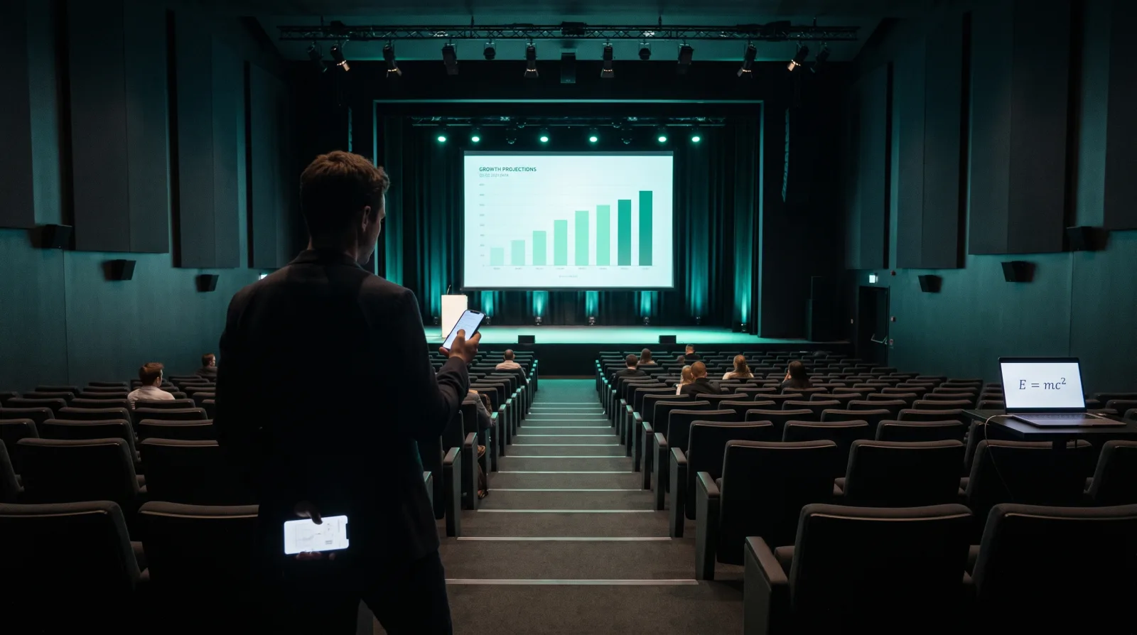 Cliqer internet clicker in use, a presenter advancing slides on a conference stage