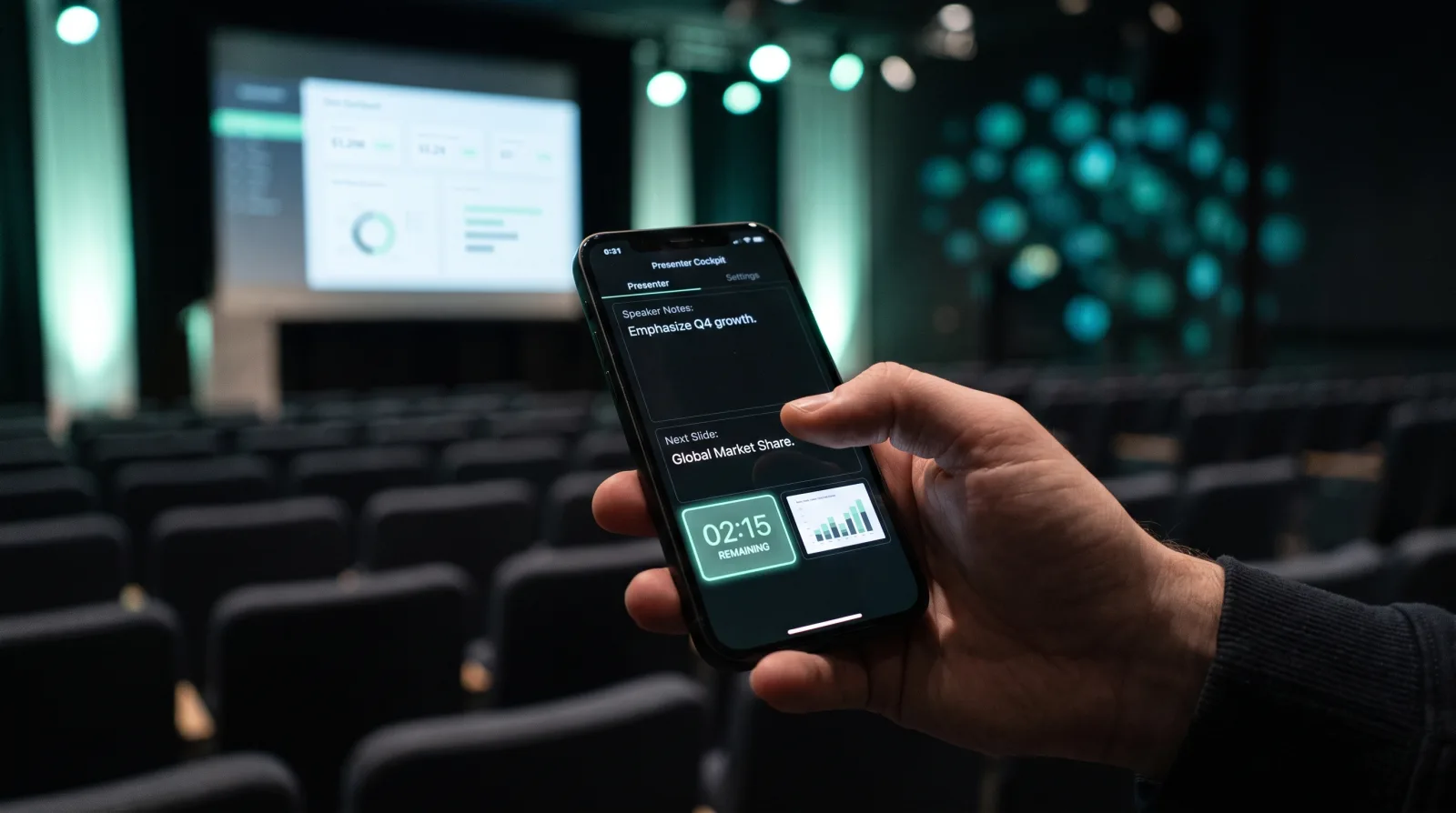 Cliqer phone clicker in use, a presenter advancing slides on a conference stage
