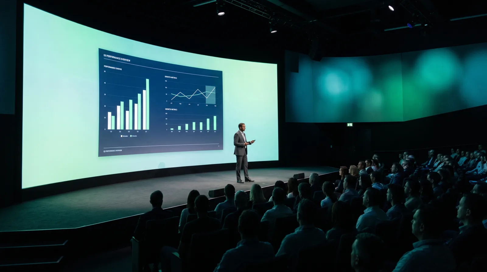 PowerPoint clicker software running on a phone while a speaker presents to a corporate audience