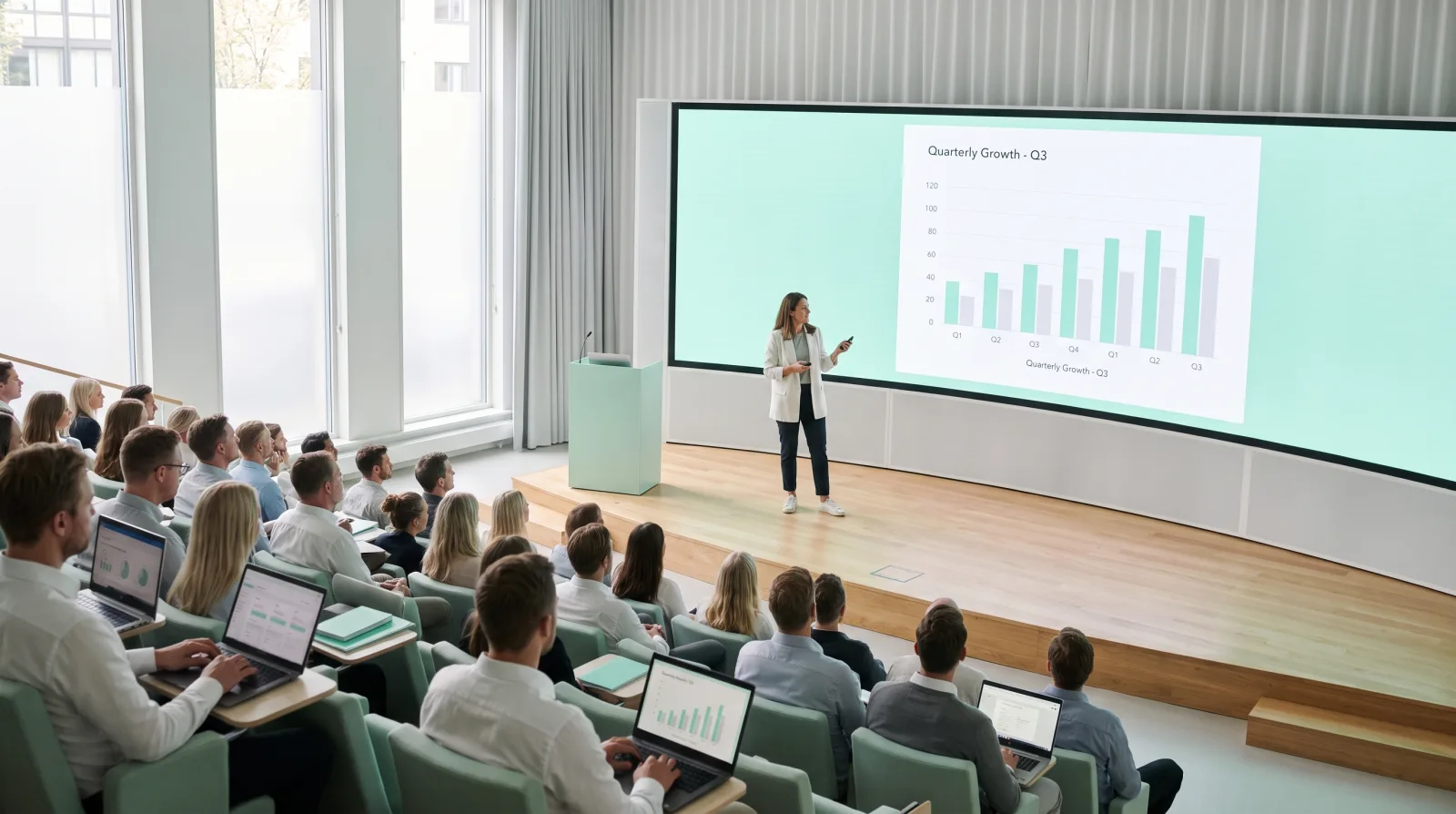 PowerPoint clicker software running on a phone while a speaker presents to a corporate audience