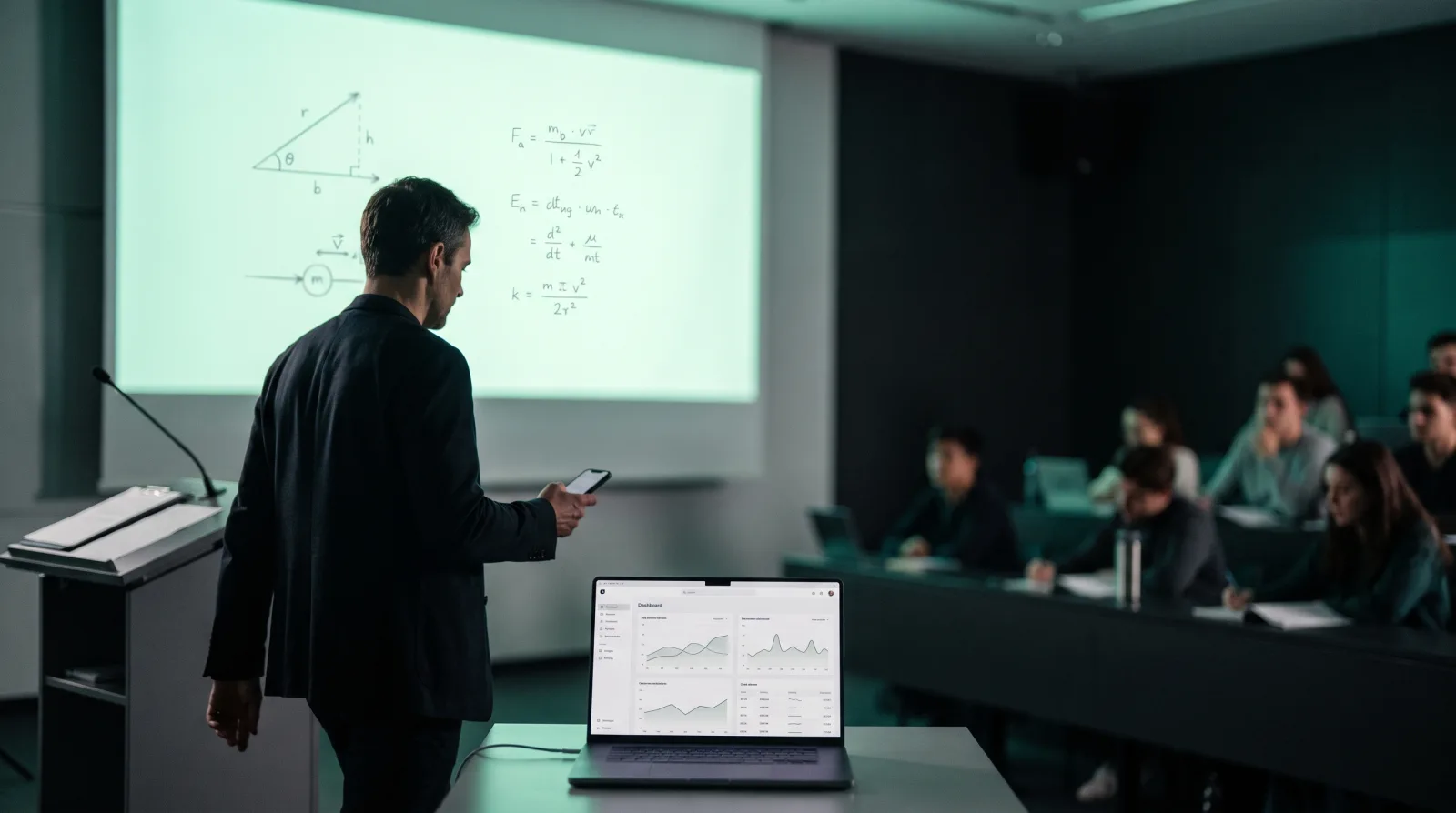 Presentation clicker software running on a phone while a speaker presents to a corporate audience