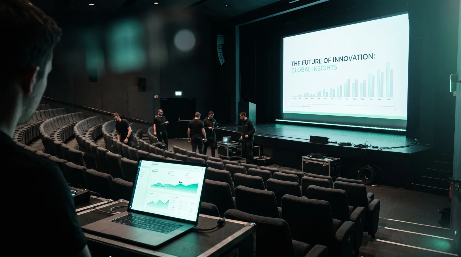 An AV crew preparing a corporate auditorium with a large presentation screen before a keynote